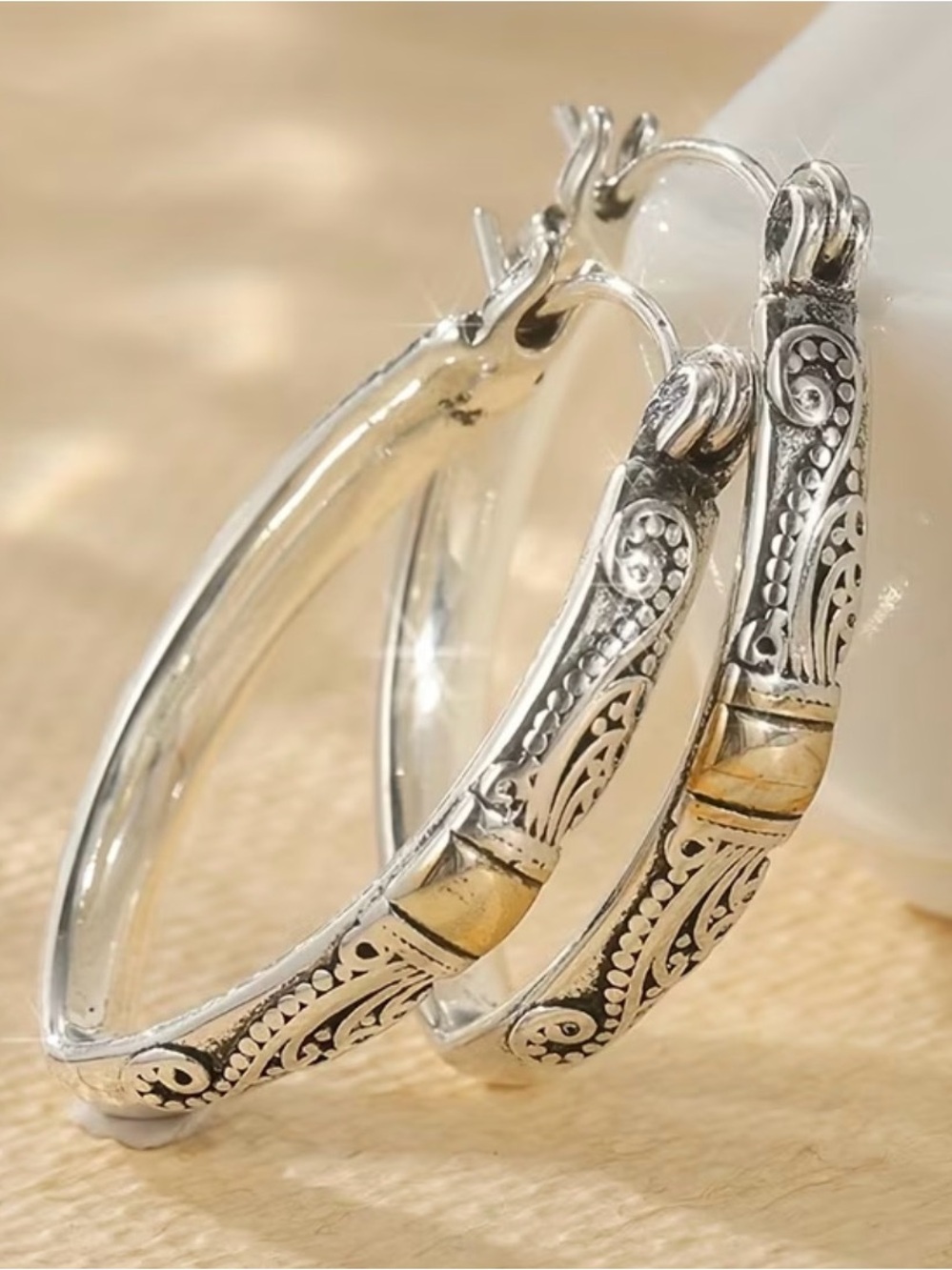 Intricate Silver & Gold Accent Hoop Earrings - Women Jewelry